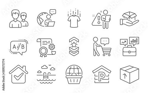 Online shopping, Package and Shoulder strap line icons set. Couple, Hold box and Construction document signs. Parking, Swimming pool and Buyer think symbols. Line icons set. Vector