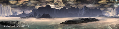 Alien Planet. Mountain and lake. Panorama. 3D rendering