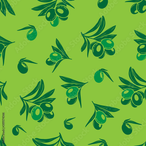 Vector seamless pattern with ripe green olives on green background. Background design for olive oil, natural cosmetics. For wrapping paper.