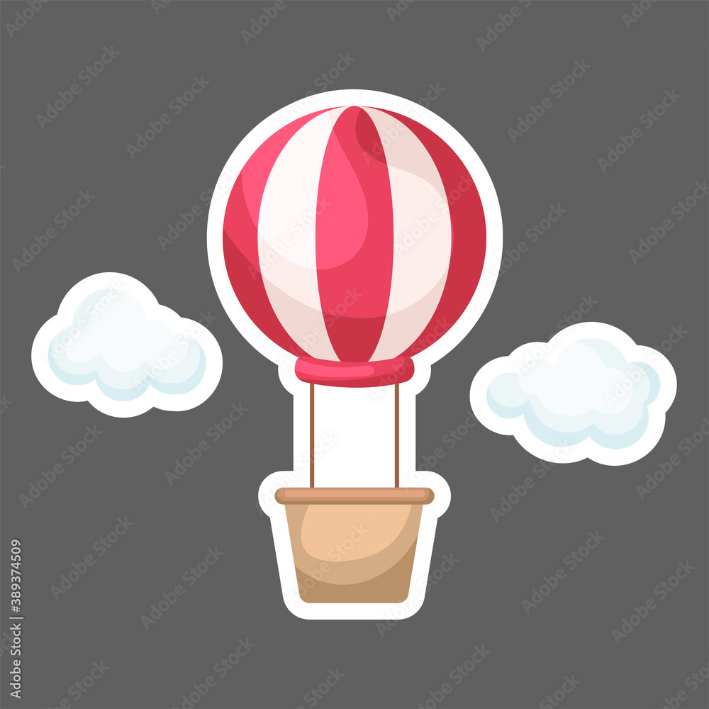 Red striped hot air-balloon with brown basket with white clouds for design of notebook, scrapbook, card and invitation. Cute sticker template decorated with cartoon image. Vector stock illustration. Red striped hot air-balloon with brown basket with white clouds for design of notebook, scrapbook, card and invitation. Cute sticker template decorated with cartoon image. Vector stock illustration.