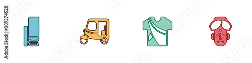 Set Indian textile fabric, Taxi tuk tuk, man dress and icon. Vector.