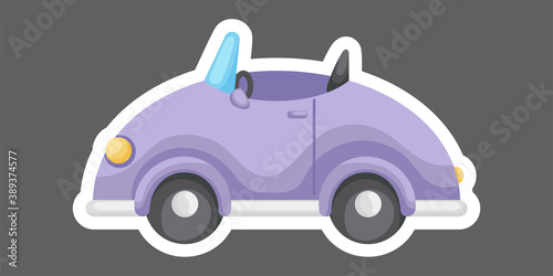 Purple cartoon car for design of notebook, scrapbook, card and invitation. Cute sticker template decorated with cartoon image. Colorful automobile flat style, simple design. Vector stock illustration.