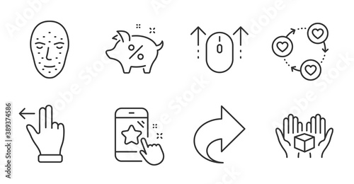 Star rating  Hold box and Share line icons set. Touchscreen gesture  Loan percent and Face biometrics signs. Friends community  Swipe up symbols. Phone feedback  Delivery parcel  Link. Vector