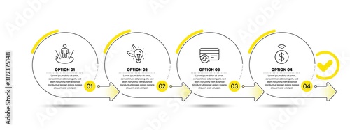 Eco energy, Change card and Augmented reality line icons set. Timeline process infograph. Contactless payment sign. Lightbulb, Payment method, Virtual reality. Technology set. Vector