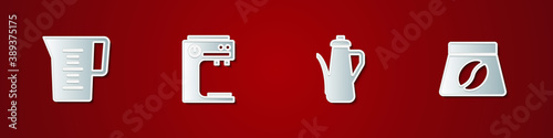 Set Jug glass with water, Coffee machine, Teapot and Bag coffee beans icon. Vector.