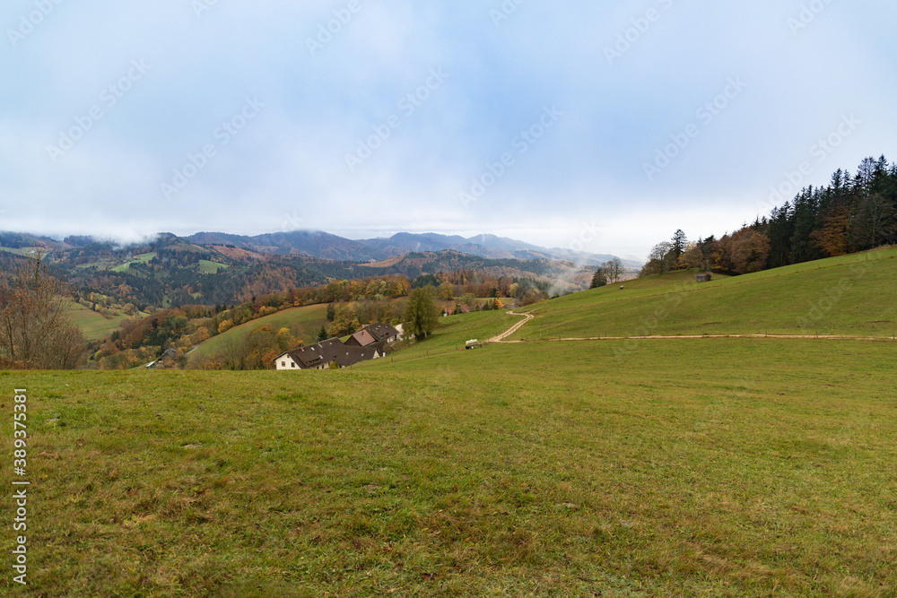 Scenic panorama view of a picturesque mountain village in Germany, Horben, Schwartzwald. Colorful travel background