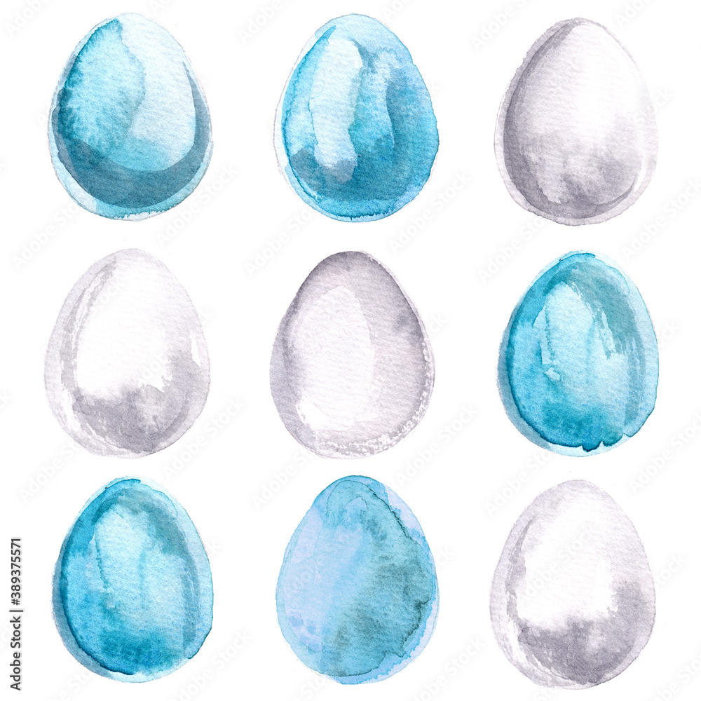 Set of easter eggs painted with watercolors on white background. Spring decoration. Decorating for Easter. Egg. Watercolor spots.