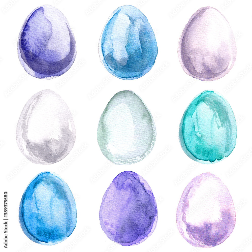 Set of easter eggs painted with watercolors on white background. Spring decoration. Decorating for Easter. Egg. Watercolor spots.