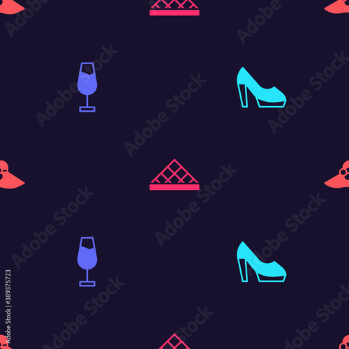 Set Woman shoe, Wine glass, Louvre museum and Elegant women hat on seamless pattern. Vector.