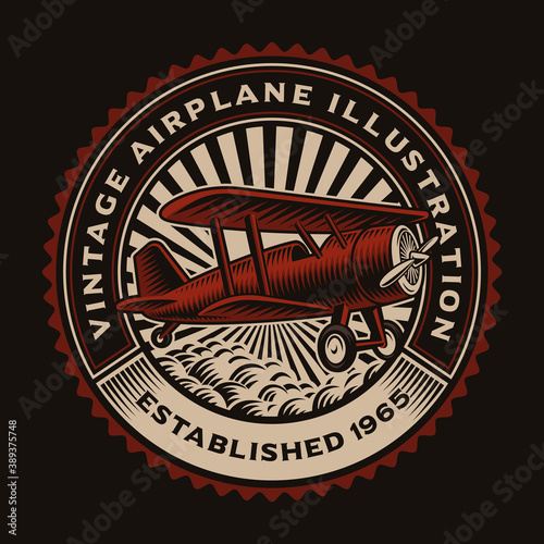 A colorful round emblem with a retro airplane, this design can be used as a shirt print or as a logotype.
