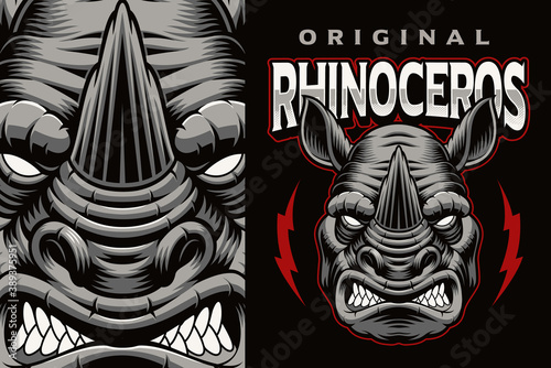 A colorful vector emblem with a rhinoceros, this design can be used as a shirt print as well as a logotype.