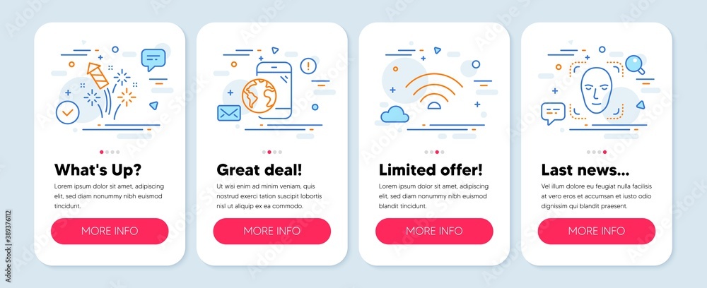 Set of Business icons, such as Fireworks rocket, Wifi, Mobile internet symbols. Mobile screen app banners. Face detection line icons. Pyrotechnic salute, Wi-fi internet, Online marketing. Vector