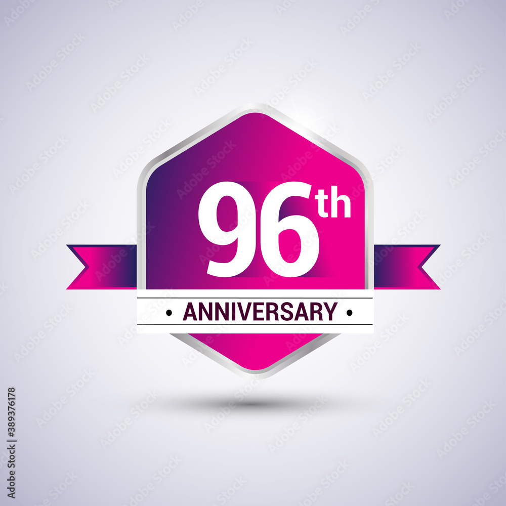 Logo 96th anniversary celebration isolated in red hexagon shape and red ribbon colored, vector design. Logo 96th anniversary celebration isolated in red hexagon shape and red ribbon colored, vector design.
