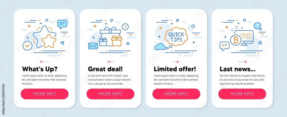 Set of Business icons, such as Surprise boxes, Star, Quick tips symbols. Mobile screen banners. Bitcoin system line icons. Holiday gifts, Customer feedback, Helpful tricks. Vector Set of Business icons, such as Surprise boxes, Star, Quick tips symbols. Mobile screen banners. Bitcoin system line icons. Holiday gifts, Customer feedback, Helpful tricks. Vector