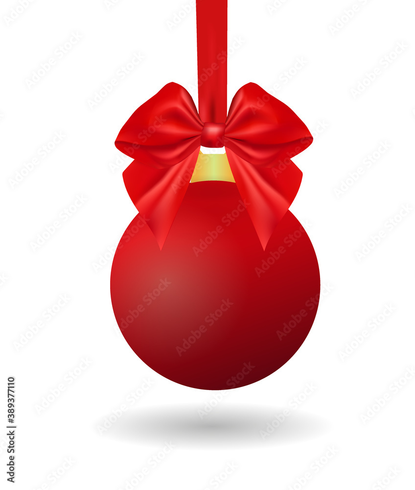 Realistic Red Christmas ball with ribbon and bow. Toy for christmas tree. Element of holiday decoration. Stock vector Xmas illustration on isolated background. Realistic Red Christmas ball with ribbon and bow. Toy for christmas tree. Element of holiday decoration. Stock vector Xmas illustration on isolated background.