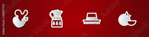 Set Spanish wineskin, Sangria pitcher, hat and Orange fruit icon. Vector.
