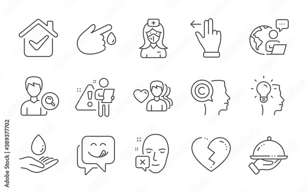 Nurse, Touchscreen gesture and Man love line icons set. Water care, Writer and Broken heart signs. Blood donation, Face declined and Restaurant food symbols. Line icons set. Vector Nurse, Touchscreen gesture and Man love line icons set. Water care, Writer and Broken heart signs. Blood donation, Face declined and Restaurant food symbols. Line icons set. Vector