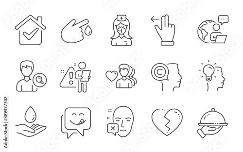 Nurse, Touchscreen gesture and Man love line icons set. Water care, Writer and Broken heart signs. Blood donation, Face declined and Restaurant food symbols. Line icons set. Vector