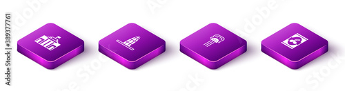 Set Isometric Prado museum, Agbar tower, Peineta and Olives can icon. Vector.