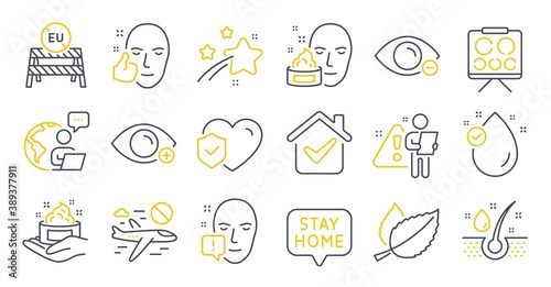 Set of Medical icons, such as Skin care, Vitamin e, Life insurance symbols. Healthy face, Farsightedness, Serum oil signs. Myopia, Face attention, Eu close borders. Mint leaves, Stay home. Vector