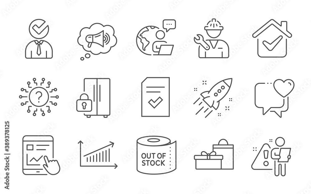 Vacancy, Checked file and Megaphone line icons set. Toilet paper, Heart and Question mark signs. Internet report, Refrigerator and Repairman symbols. Chart, Startup rocket and Gifts. Vector