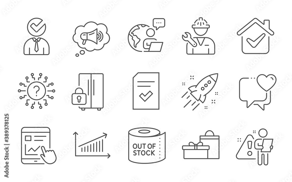 Fototapeta premium Vacancy, Checked file and Megaphone line icons set. Toilet paper, Heart and Question mark signs. Internet report, Refrigerator and Repairman symbols. Chart, Startup rocket and Gifts. Vector