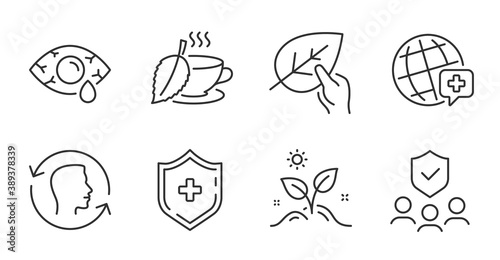 Face id, World medicine and Organic tested line icons set. Grow plant, People insurance and Mint tea signs. Ð¡onjunctivitis eye, Medical shield symbols. Quality line icons. Face id badge. Vector