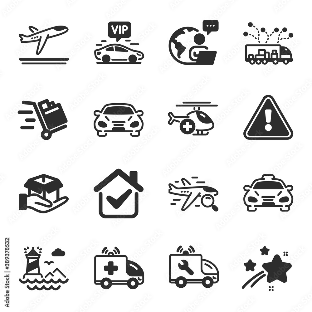 Set of Transportation icons, such as Vip transfer, Taxi, Truck delivery symbols. Search flight, Car service, Departure plane signs. Lighthouse, Ambulance car, Hold box. Medical helicopter. Vector Set of Transportation icons, such as Vip transfer, Taxi, Truck delivery symbols. Search flight, Car service, Departure plane signs. Lighthouse, Ambulance car, Hold box. Medical helicopter. Vector