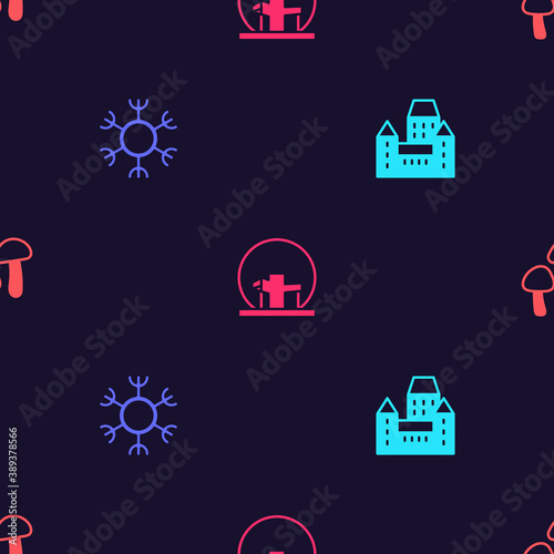 Set Chateau Frontenac hotel, Snowflake, Montreal Biosphere and Mushroom on seamless pattern. Vector.