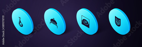 Set Isometric Ukrainian trident, Flag of Ukraine, Bread and salt and Bandura icon. Vector.