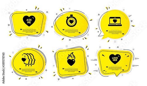 Heartbeat timer, Web love and Friends couple icons simple set. Yellow speech bubbles with dotwork effect. Ask me, Heart flame and Love her signs. Social network, Friendship, Sweetheart. Vector