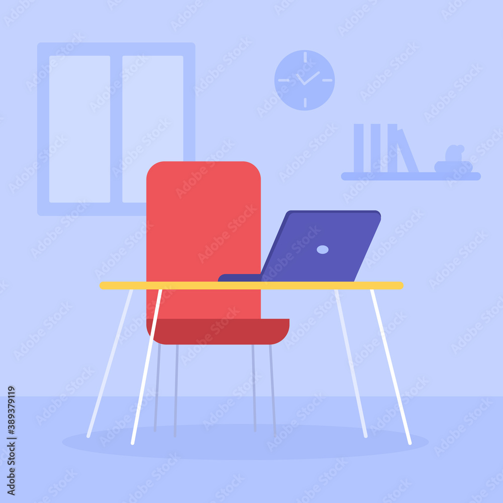 Fototapeta premium Empty workplace near the window. Armchair and table with laptop. Remote work. Modern comfortable furniture. Home Office. Vacant place. Vector flat illustration