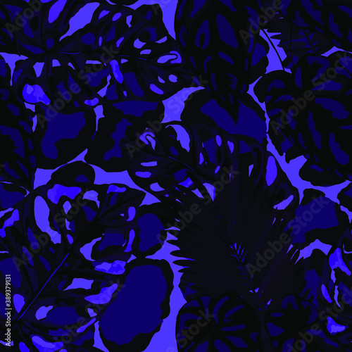 Tropical seamless pattern on animalistic texture. Jungle exotic summer print. Summer tropical leaf. Tropical flower fashion pattern. Floral tropic illustration. Vector seamless pattern.	