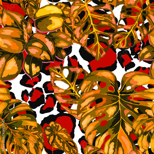Tropical seamless pattern on animalistic texture. Jungle exotic summer print. Summer tropical leaf. Tropical flower fashion pattern. Floral tropic illustration. Vector seamless pattern.	