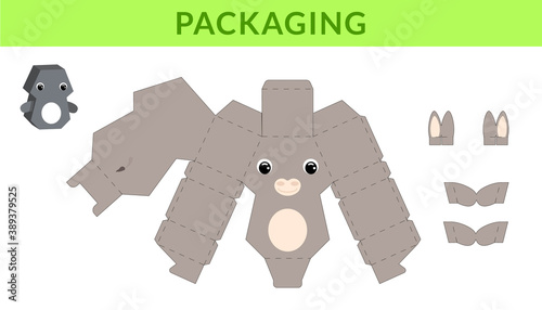 Party favor die cut donkey box for birthdays, baby showers for sweets, candies, small presents, bakery. Retail box blueprint template design. Print, cutout, fold, glue. Vector stock illustration.