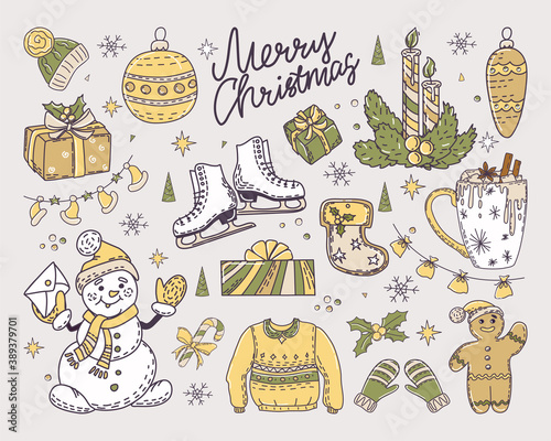 Christmas set in Doodle style. Holiday decor. Objects are isolated. Vector.