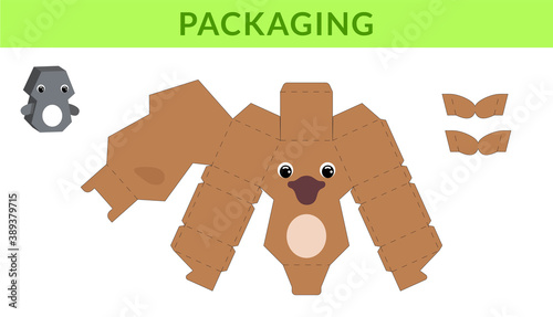 Party favor die cut platypus box for birthdays, baby showers for sweets, candies, small presents, bakery. Retail box blueprint template design. Print, cutout, fold, glue. Vector stock illustration.