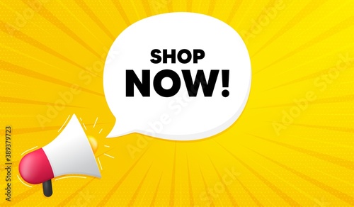 Shop now symbol. Yellow background with megaphone. Special offer sign. Retail Advertising. Megaphone banner. Shop now speech bubble. Loudspeaker background. Vector
