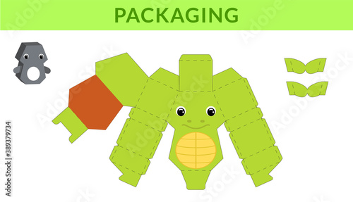 Party favor die cut turtle box for birthdays, baby showers for sweets, candies, small presents, bakery. Retail box blueprint template design. Print, cutout, fold, glue. Vector stock illustration.