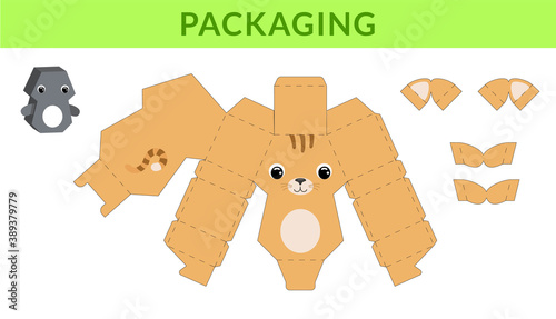Party favor die cut cat box for birthdays, baby showers for sweets, candies, small presents, bakery. Retail box blueprint template design. Print, cutout, fold, glue. Vector stock illustration.