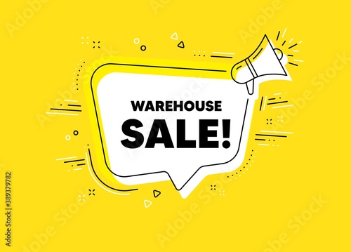 Warehouse sale. Megaphone yellow vector banner. Special offer price sign. Advertising discounts symbol. Thought speech bubble with quotes. Warehouse sale chat think megaphone message. Vector