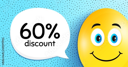60% Discount. Easter egg with smile face. Sale offer price sign. Special offer symbol. Easter smile character. Discount speech bubble. Yellow egg background. Vector