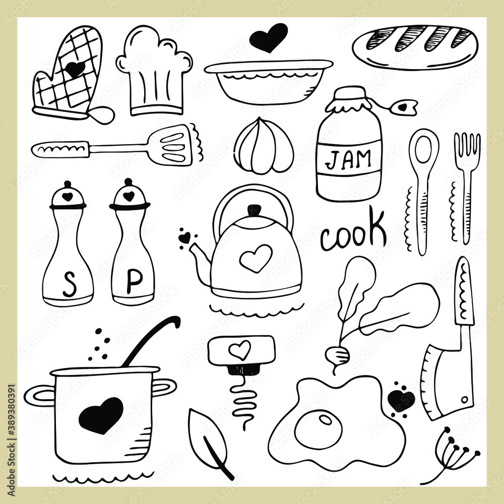 Hand drawn set of kitchen tools, cooking utensils, food. Sketch, doodle illustration. 