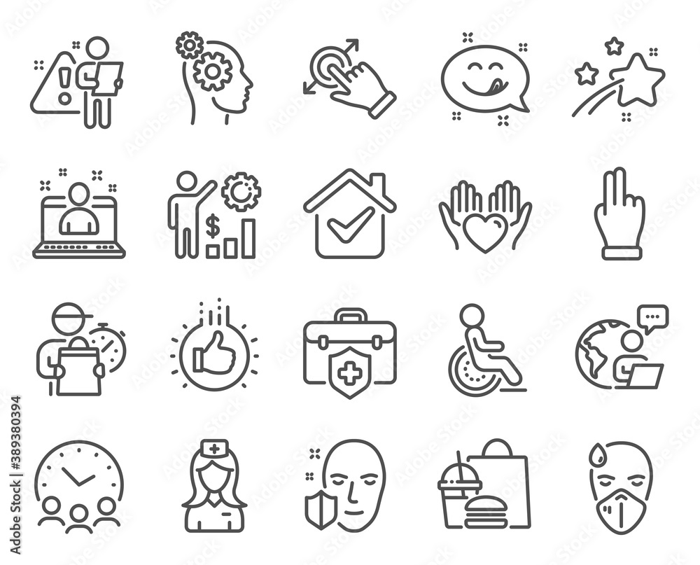 People icons set. Included icon as Yummy smile, Sick man, Touchscreen gesture signs. Meeting time, Medical insurance, Hold heart symbols. Click hand, Like hand, Thoughts. Disability. Vector