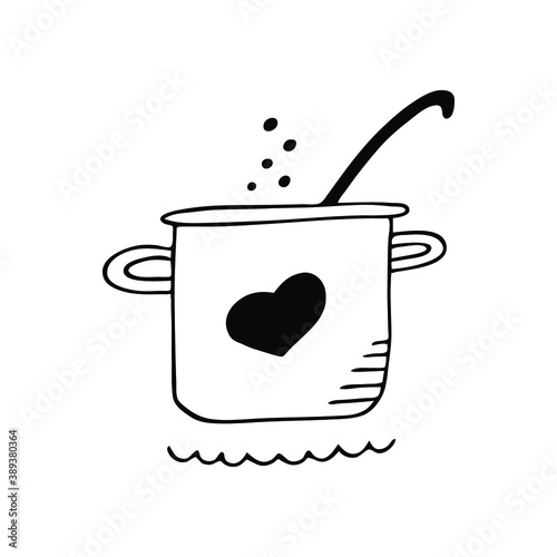 Hand drawn saucepan. Love cooking concept. Sketch, doodle. Flat illustration.