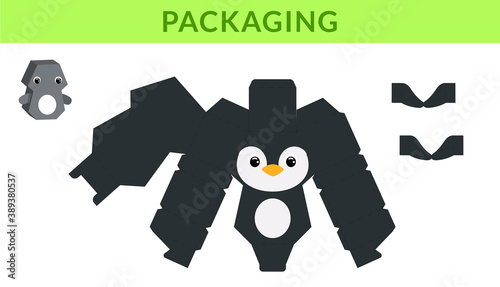 Party favor die cut penguin box for birthdays, baby showers for sweets, candies, small presents, bakery. Retail box blueprint template design. Print, cutout, fold, glue. Vector stock illustration.