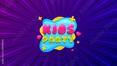 Kids party sticker. Purple background with offer message. Fun playing zone banner. Children games party area icon. Best advertising coupon banner. Kids party badge shape. Abstract background. Vector