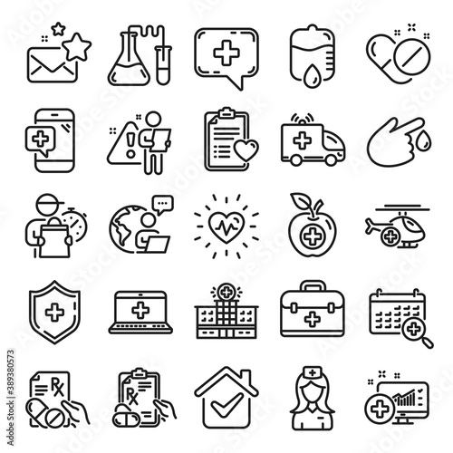 Medical rx line icons. Hospital assistance, Ambulance, Health food diet, Laboratory tubes icons. First aid kit, Medical doctor, Prescription Rx recipe. Drop counter, Ambulance emergency car. Vector