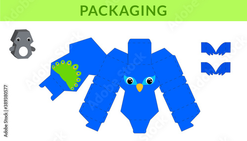Party favor die cut peacock box for birthdays, baby showers for sweets, candies, small presents, bakery. Retail box blueprint template design. Print, cutout, fold, glue. Vector stock illustration.