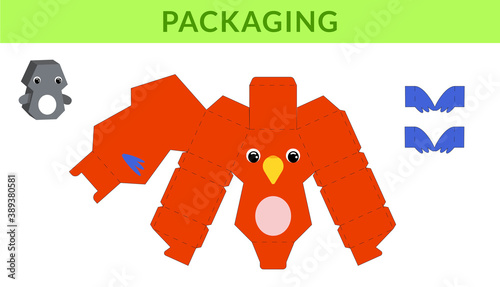 Party favor die cut parrot box for birthdays, baby showers for sweets, candies, small presents, bakery. Retail box blueprint template design. Print, cutout, fold, glue. Vector stock illustration.
